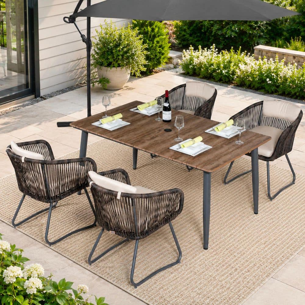 Discover 5-Piece Metal Rectangular Outdoor Dining Set with Beige Cushions