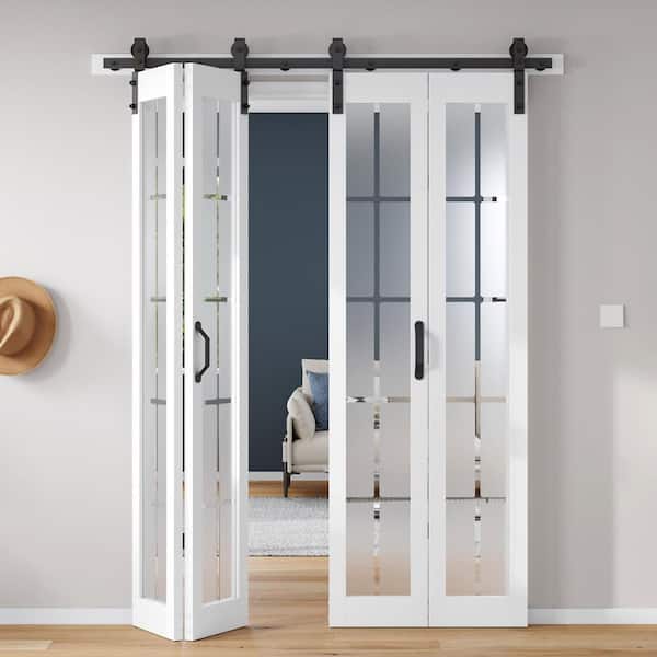 60 in. x 84 in. Full Lite Pre Assembled Frosted Glass Solid Core Wood White Finished Bi-Fold Door with Hardware