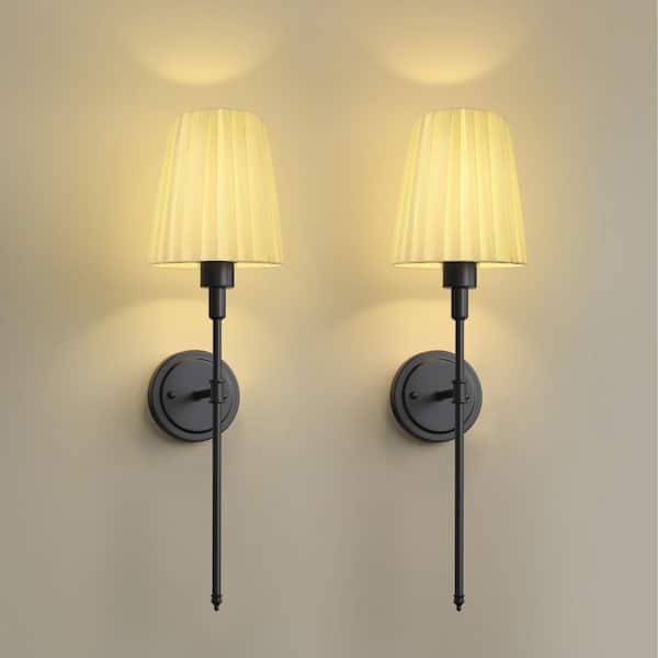 25 in. 1-Light Black Modern Wall Sconce Set of 2 with Pleated Fabric Shade, Wall Lights for Bedroom and Living Room