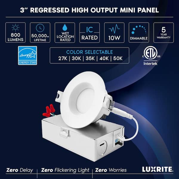 3 in. Canless with J-Box 10W 5CCT Selectable 800LM Remodel IC Rated Integrated LED Recessed Light Kit Wet Rated (4-Pack)