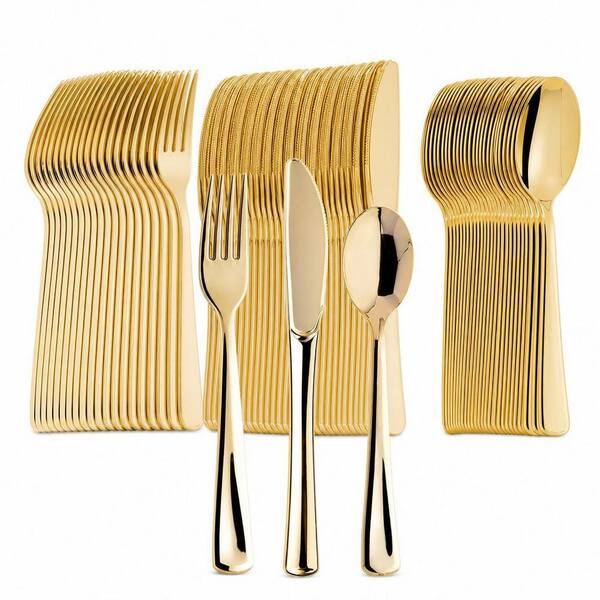 Heat Stain Resistant Glossy Tableware Bundle, 300-Piece, Elegant Gold, Plastic, Kitchen Disposable Dinner Flatware Set