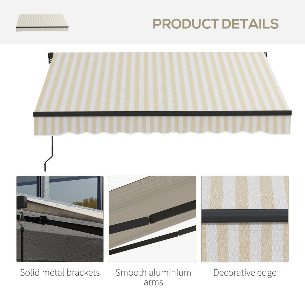 Beige and White Striped Polyester Retractable Patio Awning with Manual Crank
