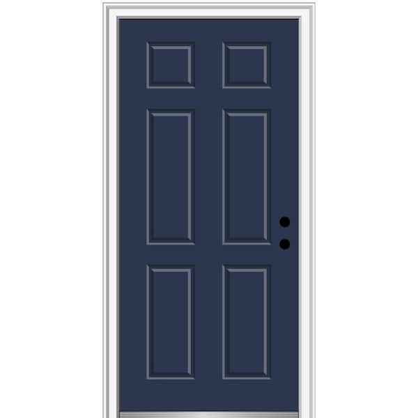 MMI DOOR 30 in. x 80 in. Left-Hand Inswing Classic 6-Panel Painted Blue Fiberglass Smooth Prehung Front Door on 4-9/16 in. Frame