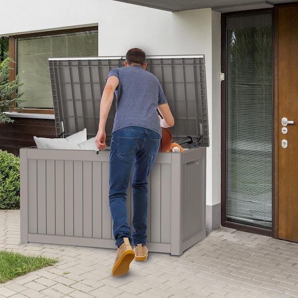 230 Gal. Waterproof Outdoor Resin Storage Deck Box, Large Lockable Capacity, Versatile Deck Storage Bench