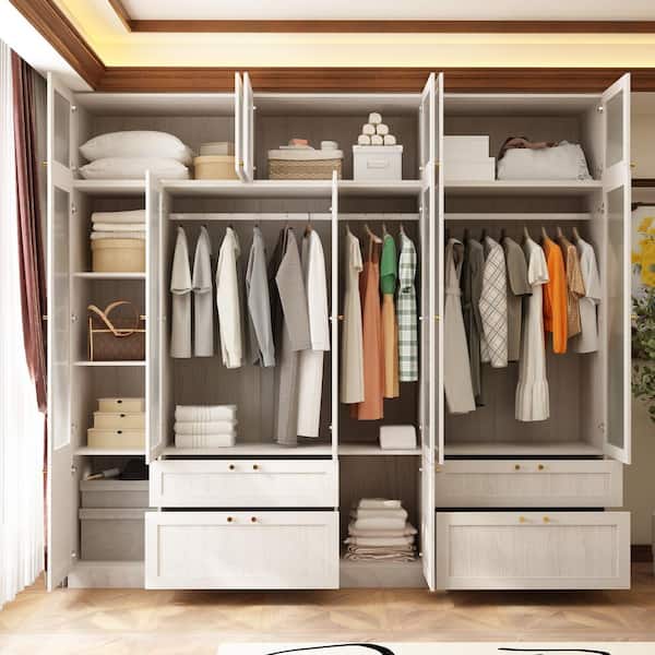 Light Oak Wood 94.5 in. Clothing Storage Unit with Frosted Glass Doors, Hanging Rod, and Multiple Drawers