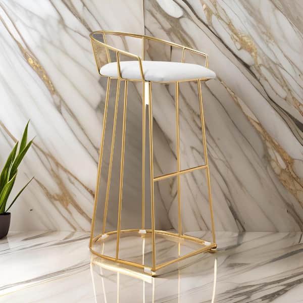 Benjara 30.5 in. White and Gold Low Back Metal Frame Bar Stool with Faux Leather Seat