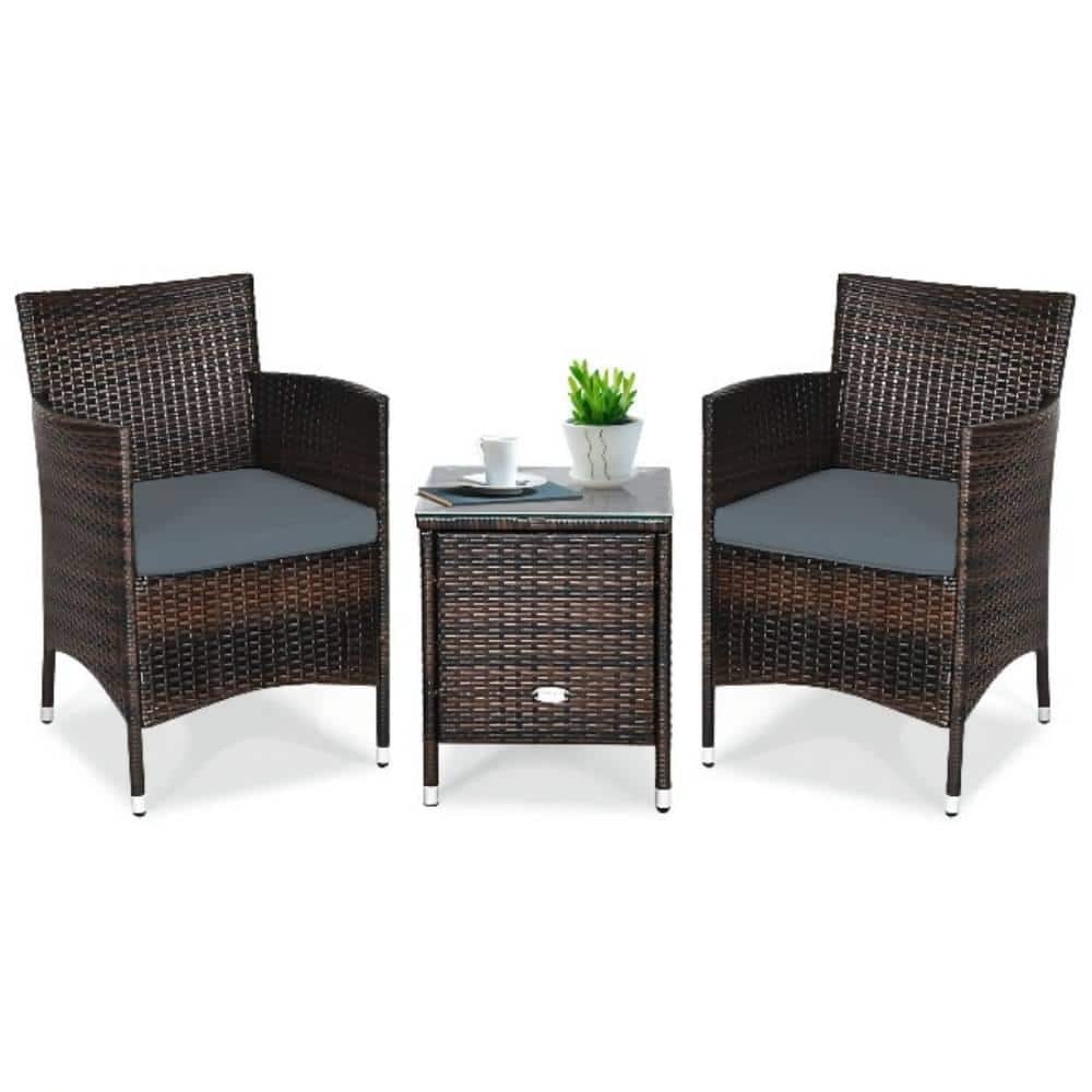 3-Piece PE Rattan Wicker Patio Conversation Set Outdoor Chairs and Coffee T
