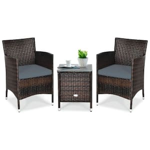 3-Piece PE Rattan Wicker Patio Conversation Set Outdoor Chairs and Coffee Table with Gray Cushion