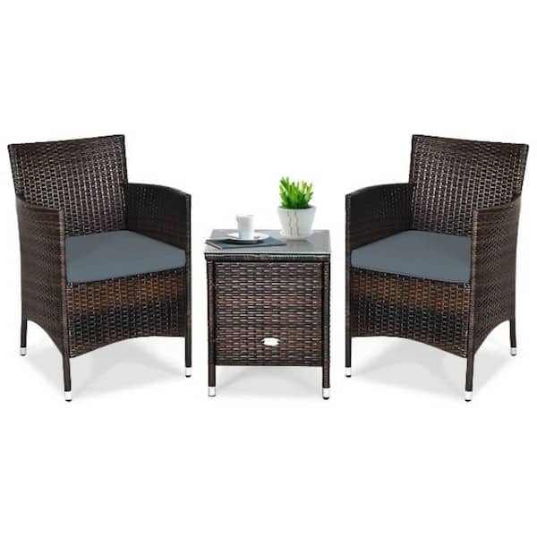 Alpulon 3-Piece PE Rattan Wicker Patio Conversation Set Outdoor Chairs and Coffee Table with Gray Cushion