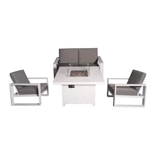 Aluminum Patio Conversation Set with White 41.34 in. Fire Pit Table, Gray Cushion Sofa Set - 2 Armchair+Loveseat