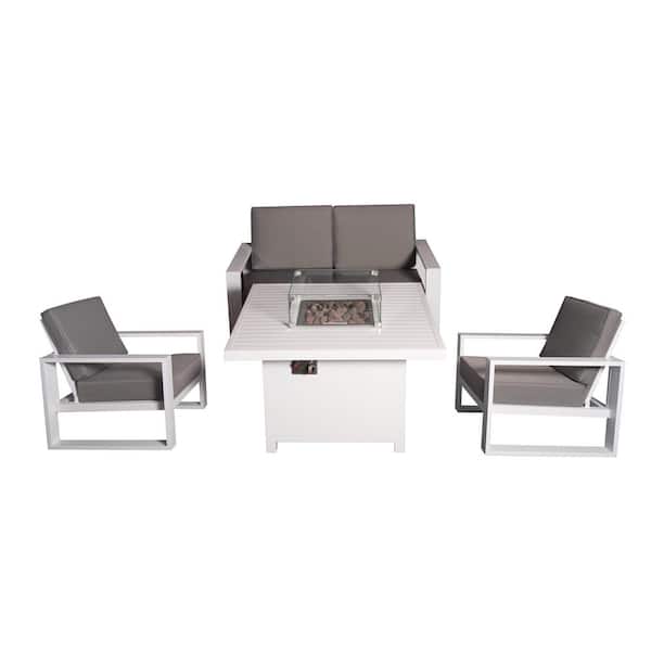 PATIOPTION Aluminum Patio Conversation Set with White 41.34 in. Fire Pit Table, Gray Cushion Sofa Set - 2 Armchair+Loveseat