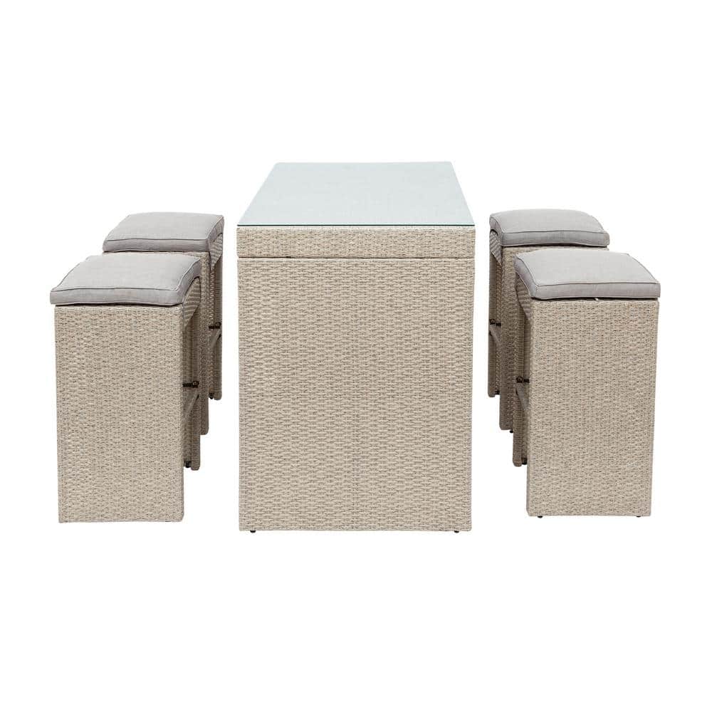 5-Piece Wicker Rectangle Bar Height Outdoor Dining Set with Brown Cushion