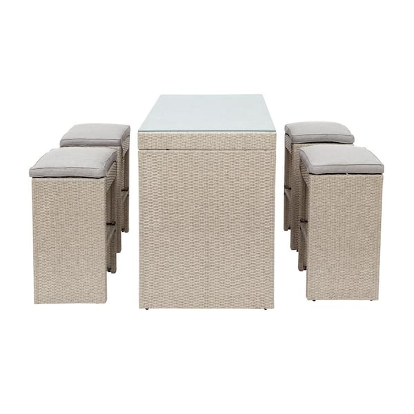 Willit 5-Piece Wicker Rectangle Bar Height Outdoor Dining Set with Brown Cushion
