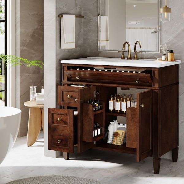 36 in. Single Sink Freestanding Brown Bath Vanity with White Ceramic Top Unassembled