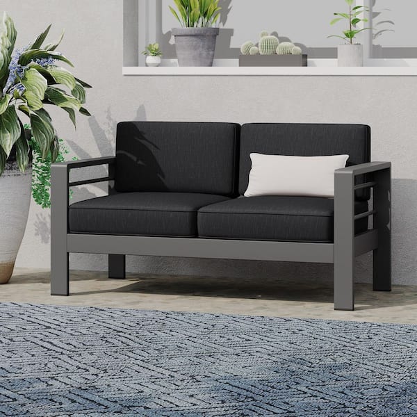 Harper & Bright Designs Gray Aluminum Outdoor Loveseat with Dark Gray Cushions
