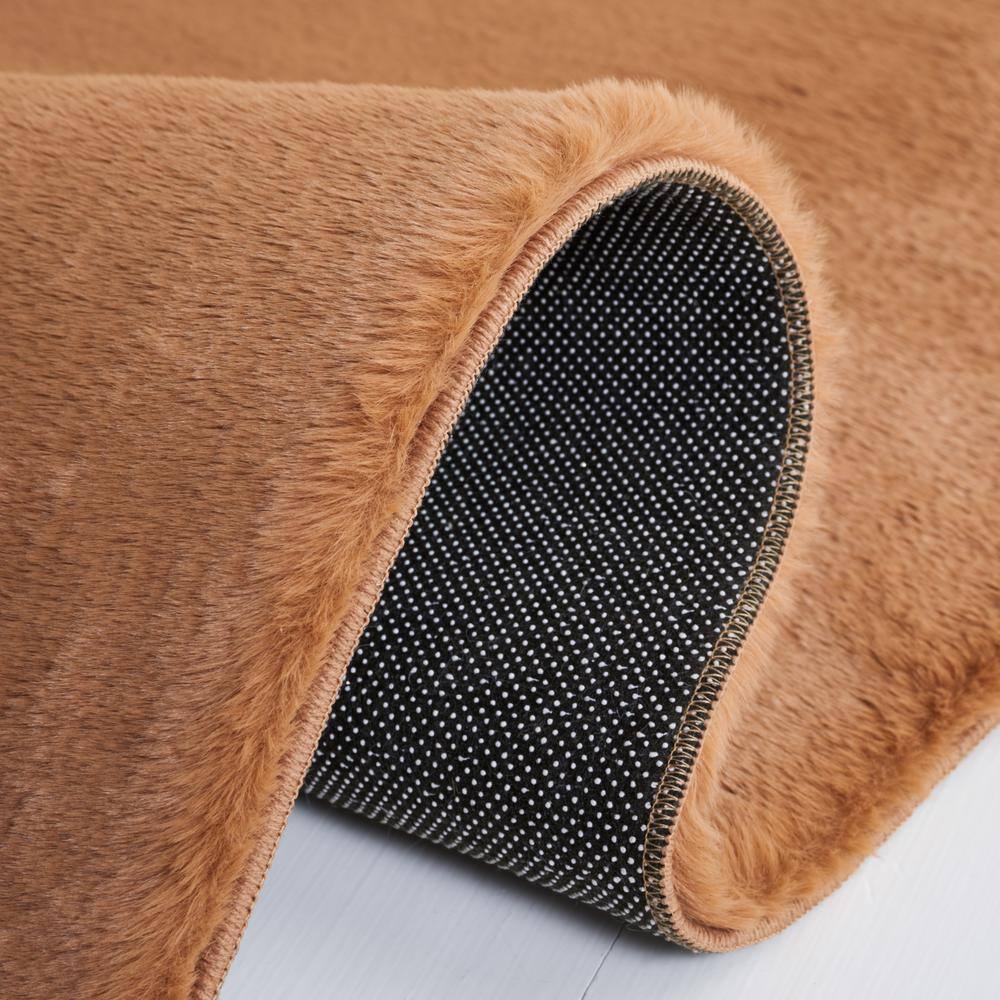 Brown Faux Rabbit Fur Rectangular Washable Area Rug