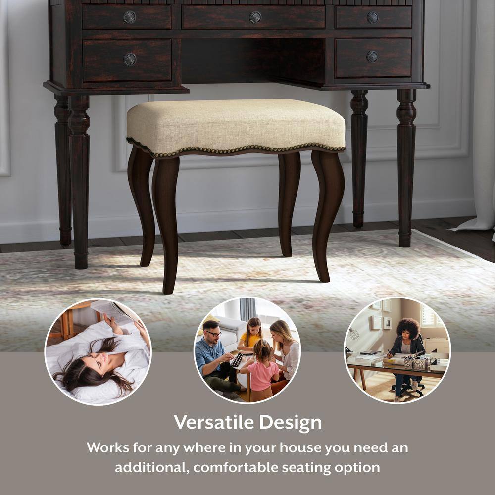 19" Burnished Oak and Cream Upholstered Backless Vanity Stool