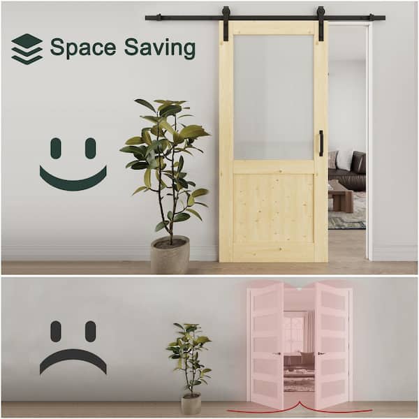 28 in. x 80 in. 1/2-Lite Frosted Glass Solid Core Unfinished Pine Wood Sliding Barn Door with Hardware Kit