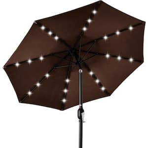 10 ft. Brown Solar Powered Aluminum Polyester LED Lighted Patio Beach Word Umbrella with Tilt Adjustment