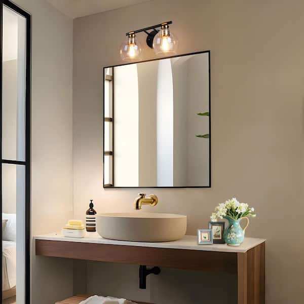 14 in. 2-Light Modern Black Bathroom Vanity Light, Rustic Vintage Brass Vanity Light, Globe Seeded Glass Wall Sconce