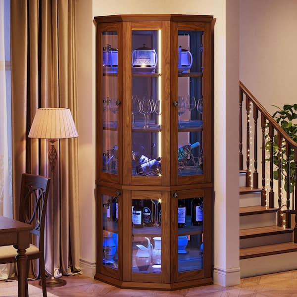 Nederland Dark Brown Corner Bar Cabinet with Multi-Color LED Lights, Tall Corner Display Cabinet with Doors