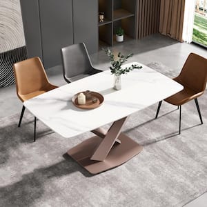 63 in. Rounded Edge Sintered Stone Rectangle White Top Cross Legs Cross Purple Carbon Steel Base Dining Table (6 Seats)