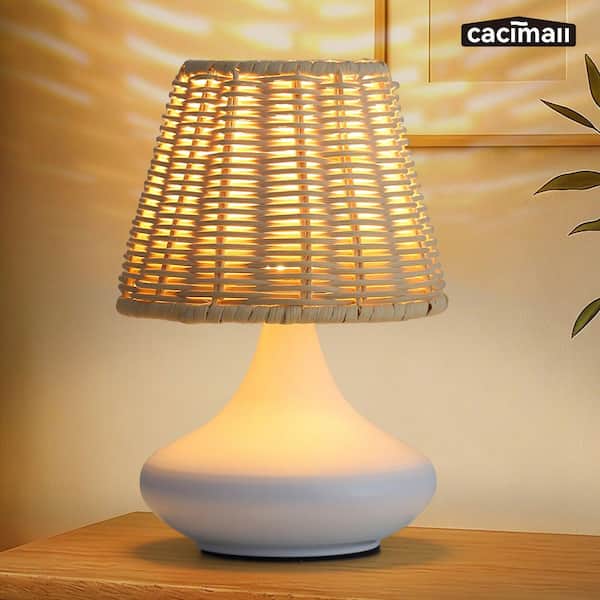 8 in. White Dimmable LED Table Lamp with USB Port and Rattan Shade for Bedroom or Living Room