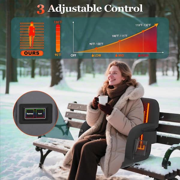 Heated Stadium Seat, Dual-Zone Heating, 6-Position Recline, 21"/16" Width, Waterproof 600D Fabric, Armrests & Storage