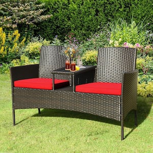 Brown Wicker Outdoor Patio Conversation Set Loveseat Sofa with Coffee Table and Red Cushions