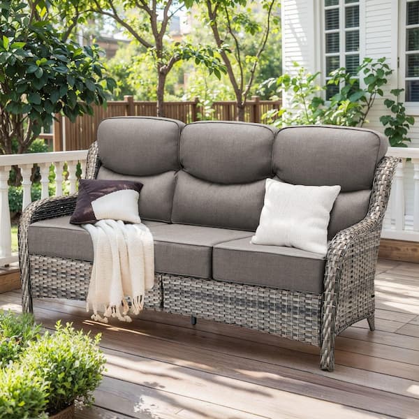 Luxurious 3-Seat Gray PE Wicker Outdoor Couch with 6 in. Olefin Gray Cushions/Patio Sofa Furniture