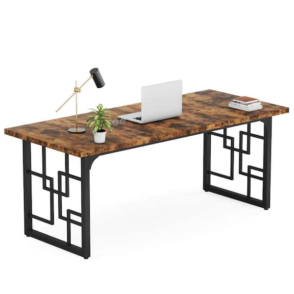BYBLIGHT Moronia 63 in. Rectangular Rustic Brown Wood Executive Desk Computer Desk Black Metal Legs Home Office