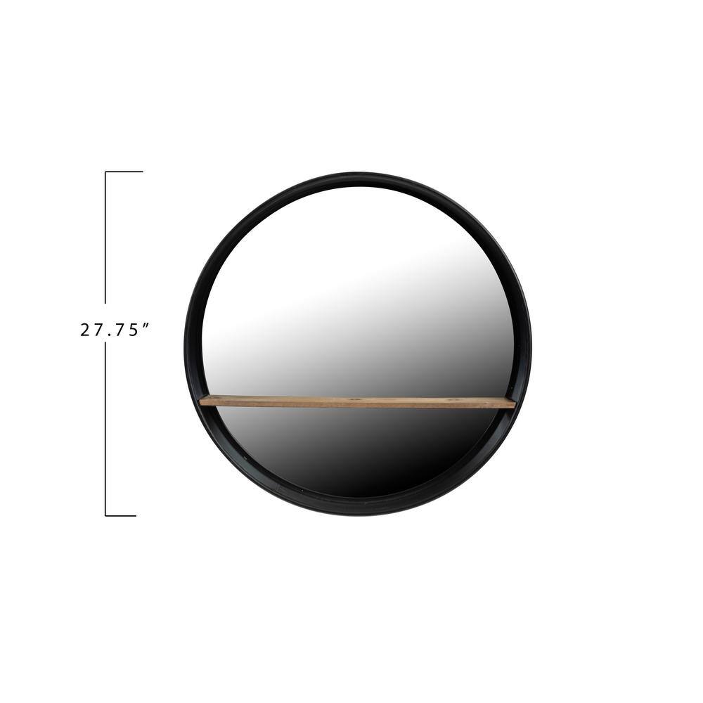 Contemporary Black Metal & Wood Round Wall Mirror with Shelf