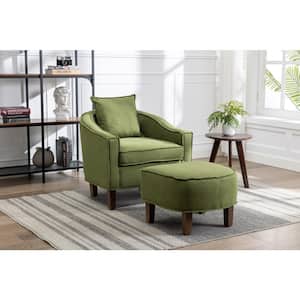 Modern Upholstered Comfy Olive Linen Fabric Accent Chair with Ottoman Set