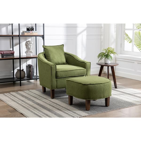 HOMEFUN Modern Upholstered Comfy Olive Linen Fabric Accent Chair with Ottoman Set