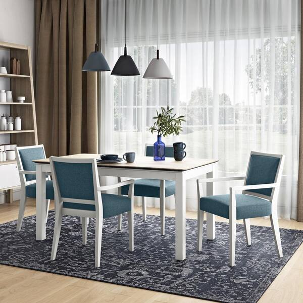 Handy Living Emelia White Finish And Denim Blue Fine Polyester Upholstered Dining Arm Chairs Set Of 2 A142489 Handy Living Emelia White Finish And, Upholstered Dining Room Arm Chairs