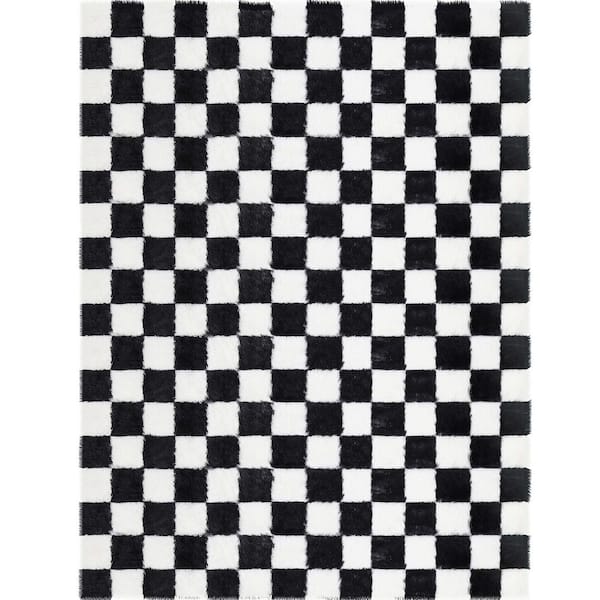Checkerboard Shag Black/White 8 ft. x 10 ft. Checkered Area Rug
