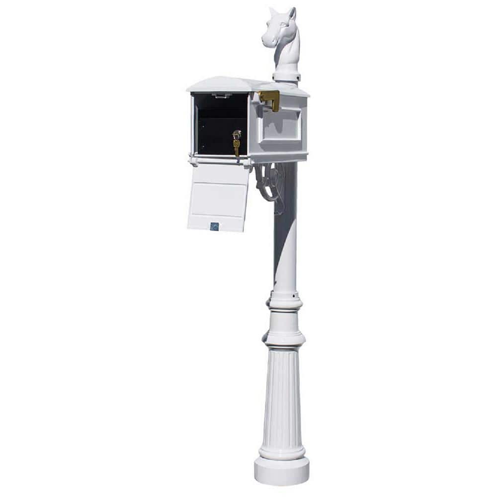 Lewiston White Post Mount Locking Insert Mailbox with decorative Fluted Bas