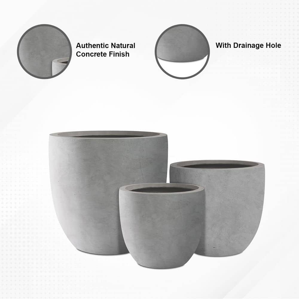Natural Concrete Round Planters Set of 3 with Drainage Holes