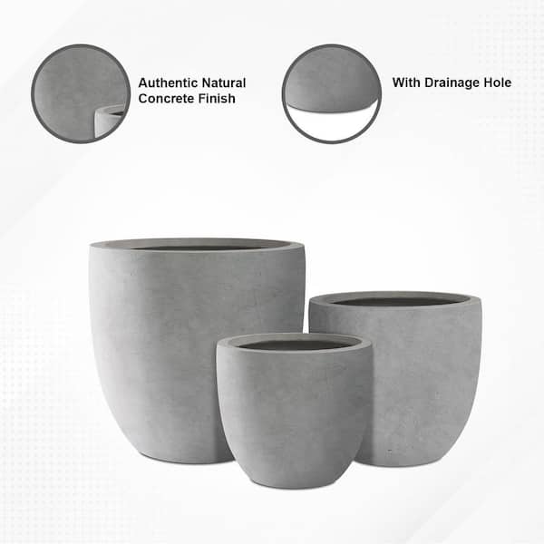 18", 14", and 10"W Natural Concrete Round Set of 3, Outdoor Indoor Modern Planter Pots, Lightweight w/ Drainage Hole