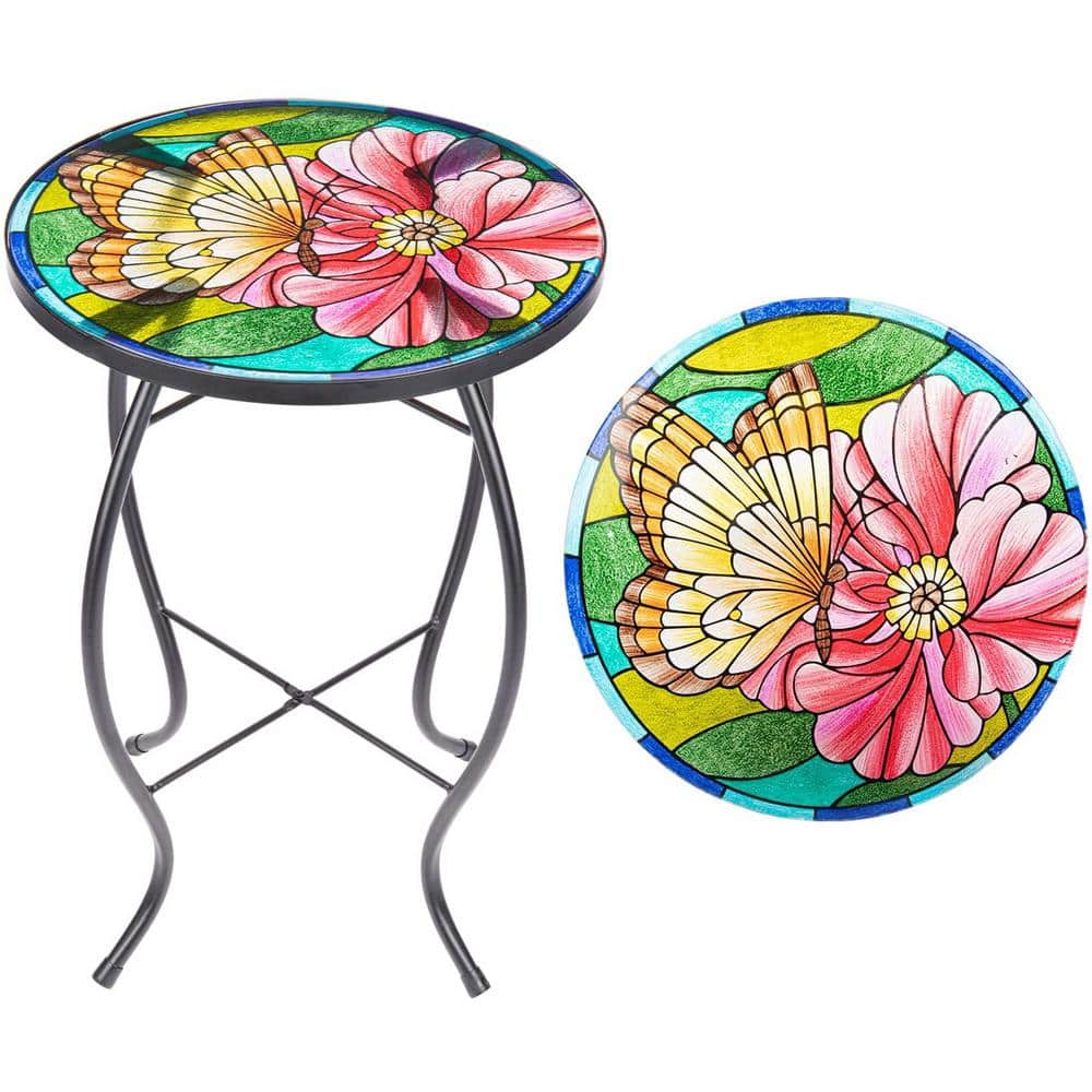 MUMTOP Round Butterfly Side Table Glass Top Outdoor Accent