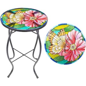 Round Butterfly Side Table Glass Top Outdoor Accent Table 21 in Tall