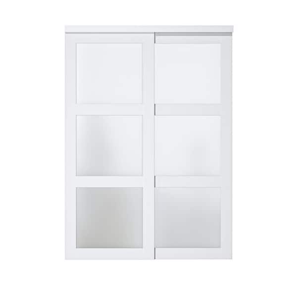 ARK DESIGN 60 in. x 80 in. 3 Lite White Tempered Frosted Glass Closet Sliding Door with Hardware