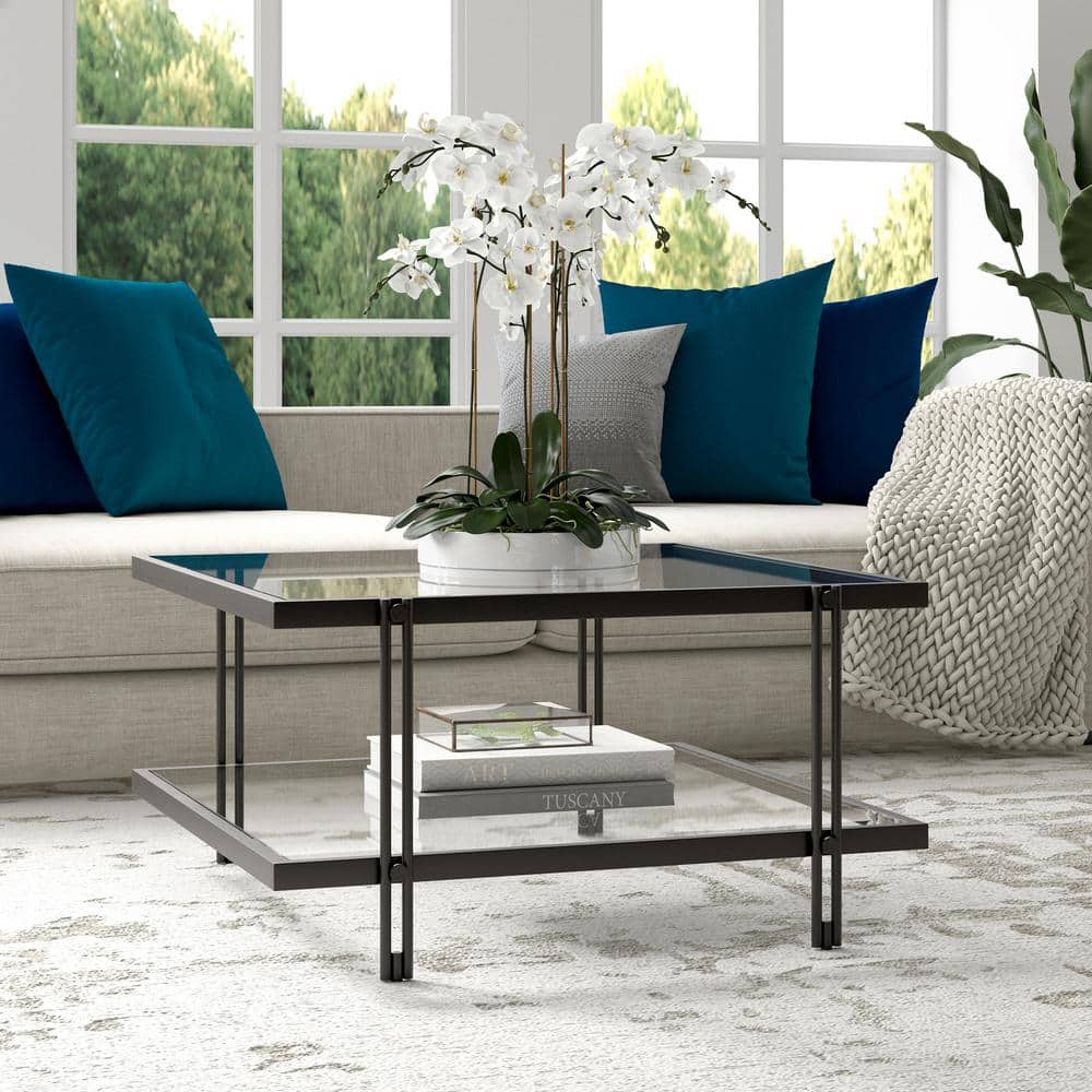 Modern Square Glass Coffee Table with Lower Shelf in Blackened Bronze