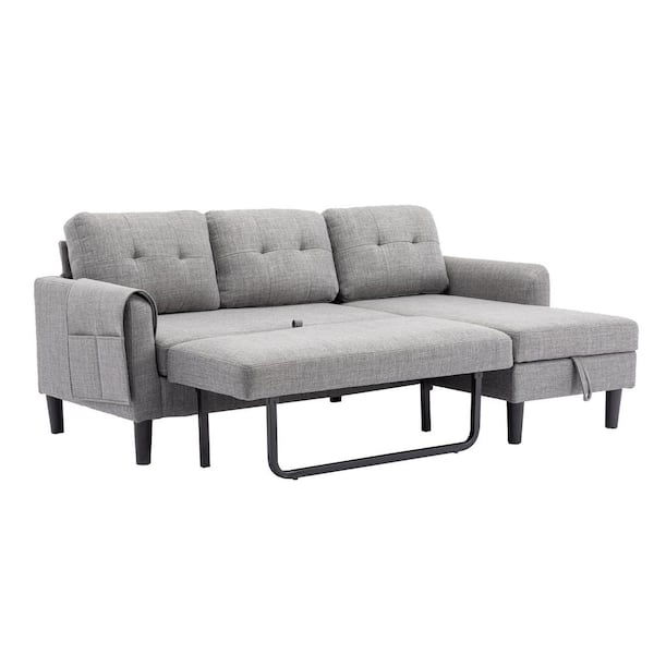 HOMEFUN 73 in. Modern Light Gray Fabric Reversible Sleeper Sectional Sofa Bed with Side Pocket and Storage Chaise