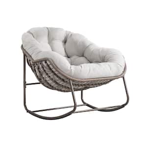 Wicker Indoor and Outdoor Rocking Chair with Beige Cushion for Front Porch, Living Room, Patio, Garden