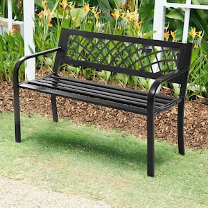 2-Person Black Metal Outdoor Bench with Back and Arms Modern Weighted Chair