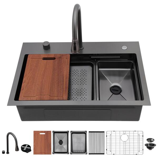 31 in. Drop-in Single Bowl 16-Gauge Gunmetal Black Stainless Steel Workstation Kitchen Sink with Waterfall Faucet