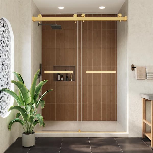 60 in. W x 76 in. H Frameless Exposed Roller Double Sliding Shower Door in Gold with 5/16 in. (8mm) Clear Glass