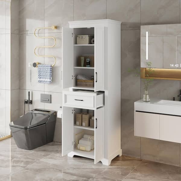 White Wood 70.8 in. H Accent Cabinet Bathroom Linen Cabinet Storage Cabinet with Adjustable Shelf, Drawer