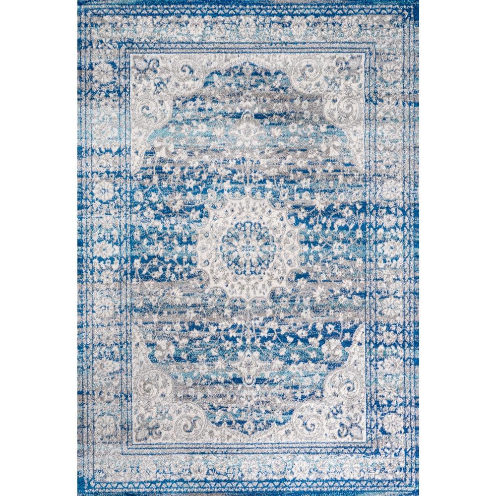 Blue and Dark Gray Medallion Synthetic 4' x 6' Area Rug